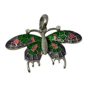 Butterfly Pendant With Colorful Enamel Wings Silver-Tone Metal Base